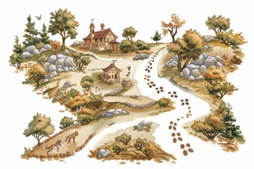 A fantasy map with whimsical locations and a trail marked by paw prints Illustration on a clear white background --ar 3:2 --style raw Job ID: ac5e6f21-f838-444e-92bc-bd4661bd47d5