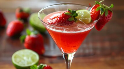 Strawberry Martini Cocktail with Lime and Fresh Fruit