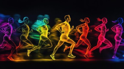 A silhouette of runners in motion, each filled with a unique blend of vibrant colors, abstract, motion blur effect, high contrast, energetic composition