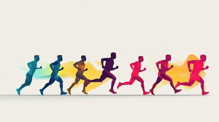 Colorful runners in silhouette, midstride, with each figure bursting with different vibrant hues, abstract style, dynamic energy, minimalist background