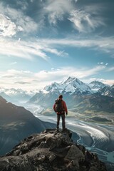 A lone hiker stands at the mountain's peak, taking in the stunning vista below. The breathtaking view stretches out in every direction, a testament to nature's beauty.