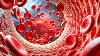 Fototapeta premium Red Blood Cell in an artery, Blood Flow, medical human health-care Concept Background, 3d rendering