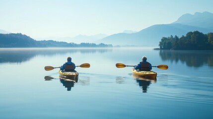 Senior couple kayaking on calm lake
