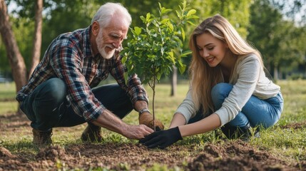 Senior man and young woman planting tree together
