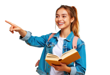 female collage student with book pointing to something isolated on white or transparent png