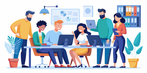 Teamwork. A team of colleagues discuss and carry out a project. Employees of the company together at the desktop
