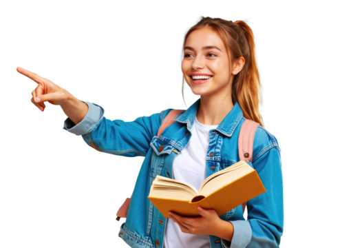 female collage student with book pointing to something isolated on white or transparent png