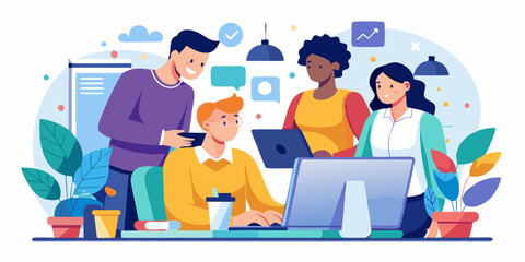 Teamwork. A team of colleagues discuss and carry out a project. Employees of the company together at the desktop
