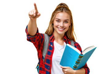female collage student with book pointing to something isolated on white or transparent png