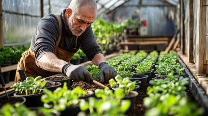 Fototapeta premium Elderly man tending to plants in greenhouse 