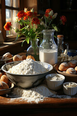 Fototapeta premium Home baking, with flour-dusted countertop and mixing bowls filled with ingredients for a homemade pastry on rustic kitchen
