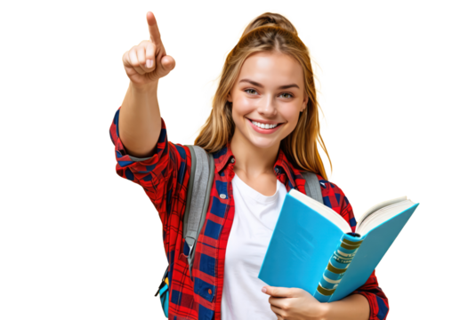 female collage student with book pointing to something isolated on white or transparent png