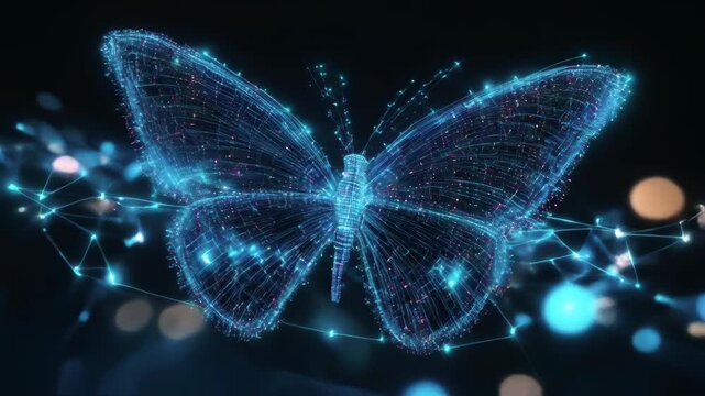 A high-tech flower and butterfly featuring glowing digital circuits and lights on a dark, blurred background. Concept of technology and nature fusion