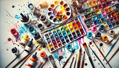 Artistic Chaos of Watercolor Paints and Brushes in Creative Workspace