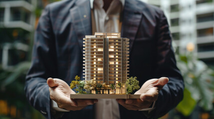 Businessman holding the condo type home house model for advertisement