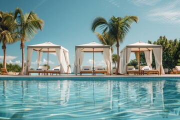 An empty luxury resort pool with cabanas and lounge chairs 