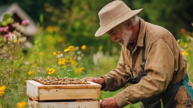 Elderly beekeeper inspecting hive in wildflower meadow
