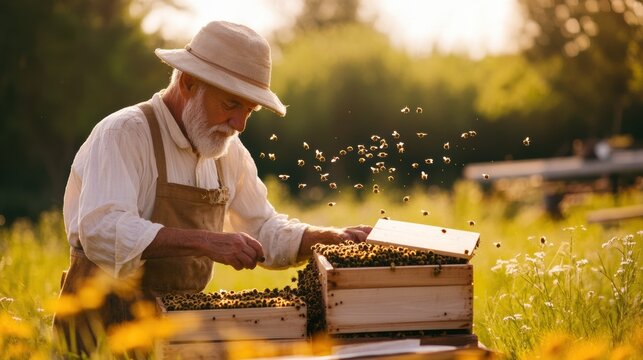 Elderly beekeeper tending hive in sunlit field
 - Powered by Adobe