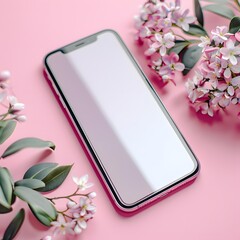 Blank Screen Smartphone on Pink Background with Flowers