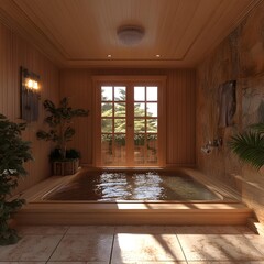 Fototapeta premium Wooden Hot Tub with Natural Light and Plants in a Relaxing Spa Environment