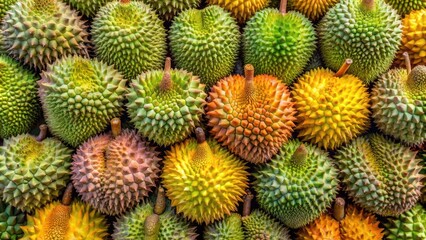 Fototapeta premium Colorful wallpaper filled with ripe durians, representing organic vitamin-rich harvest season, durians, fruit, colorful