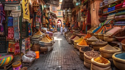 Vibrant Spices and Colorful Textiles in a Moroccan Market