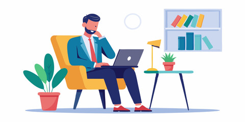 Business man works at a laptop and makes calls while sitting in a chair on a white background. Internet work. Vector illustration
