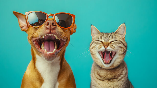 Amusing portrait of a playful cat and dog making exaggerated goofy facial expressions while wearing sunglasses against a vibrant green studio background  The pets have a comedic