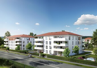 Modern Apartment Building With Red Roof And Green Grass