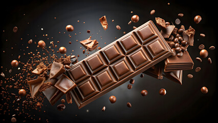 Chocolate pieces falling and splashing on black background