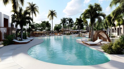 Tropical Resort Swimming Pool with Palm Trees and Lounge Chairs