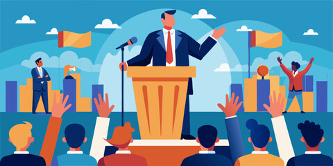 Speech by a politician or businessman at the podium in front of an audience. Speaker. Election promise, candidate for parliament
