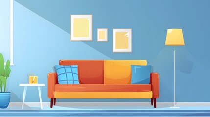 Cartoon Illustration of a Living Room Interior Design with Sofa, Lamp and Pictures