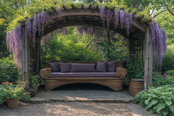 Obraz premium A charming garden nook with a rustic bench under a canopy of wisteria, perfect for a quiet summer reading retreat,