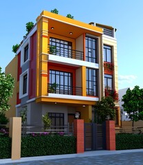 Fototapeta premium Modern Yellow House With Balcony And Green Bushes