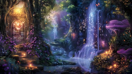 Mystical forest with vibrant, otherworldly flora and fauna. Mysterious night forest landscape with natural lights, lake, waterfalls, trees and unicorns.