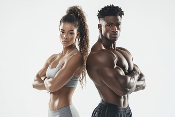 portrait of a young fit male and female couple, white background , gym couple, athletic couple,...