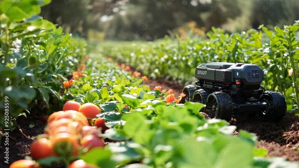 Aufkleber a robotic vehicle moves between rows of blooming flowers in a lush garden, utilizing advanced techno