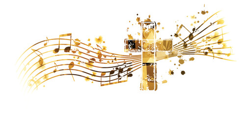 Vibrant Christian cross with musical notes stave isolated. Vector illustration. Religion themed design for Christianity, church service, communion and celebrations. Church choir background	
