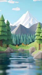 Low Poly Mountain Landscape With River and Trees