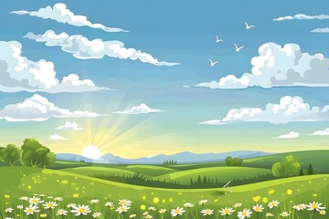 Fototapeta premium Beautiful Landscape With Green Fields And White Clouds