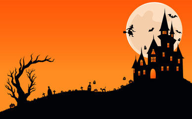 Halloween background. Haunted house, witch, bats, graves, skeletons, bones, pumpkins, moon. Vector illustration