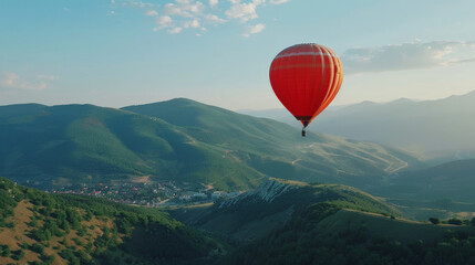 Fototapeta premium Hot air balloon soaring over Bulgarian mountains. 