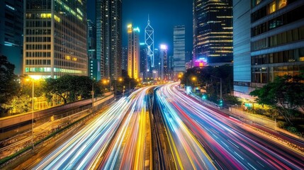 Fototapeta premium Night Lights of the Metropolis: Vibrant Cityscape with Long Exposure Trails