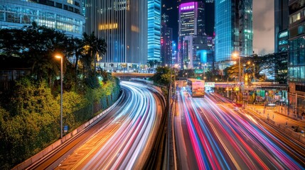 Obraz premium Nighttime Cityscape: Neon Lights and Long Exposure Trails