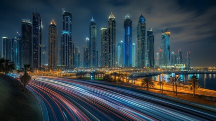 Obraz premium Night Lights of a Modern Cityscape: Long Exposure Photography Captures Urban Energy