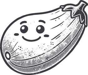 Grunge-Style Zucchini Smiling Vegetable Character with Texture, Rough Hand-Drawn with Grainy Print Effect.