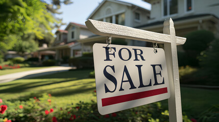 Photograph of a brand new clean white real estate sign with sky in the background