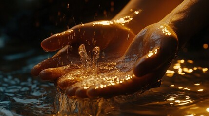 A person softly performs Wudu, washing hands in glimmering water during a calm evening ritual