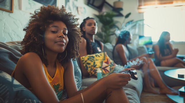 For great mood. Young afro american girl lighting marijuana in the glass bong, relaxing with friends on the sofa at home. Young people smoking weed.